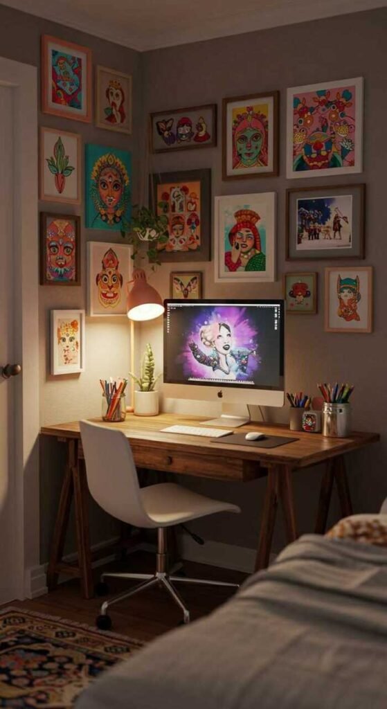 A creative corner workspace featuring a desk with a computer, colorful artwork, in a cozy bedroom.
