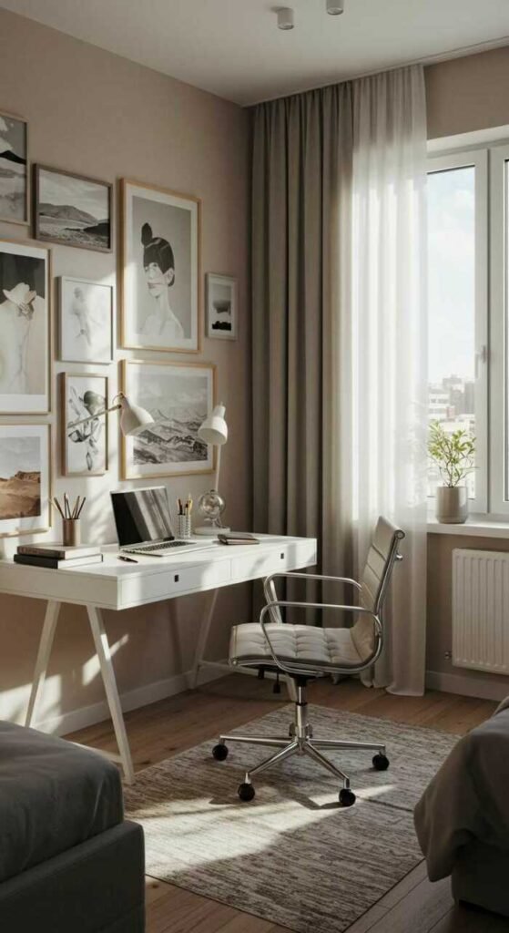 A cozy and stylish bedroom office combining a workspace with artwork.