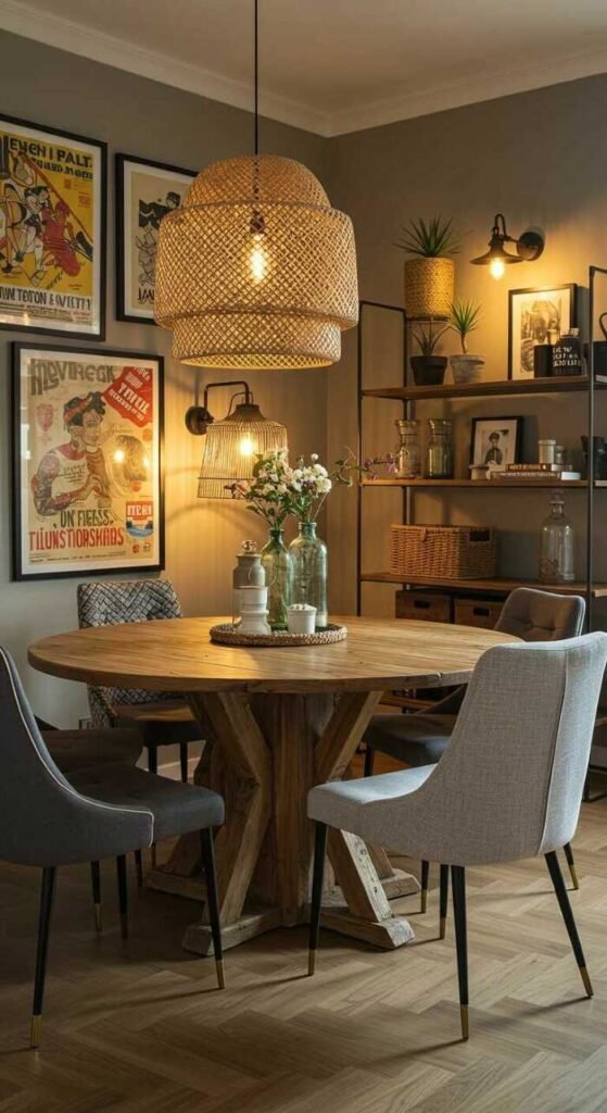 Modern eclectic dining room with a round wooden table, upholstered chairs, and artistic decor