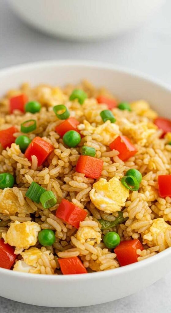 A bowl of egg fried rice with vibrant vegetables.