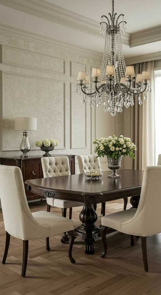 An elegant dining room featuring soft upholstered chairs, a neutral color palette, and statement lighting.