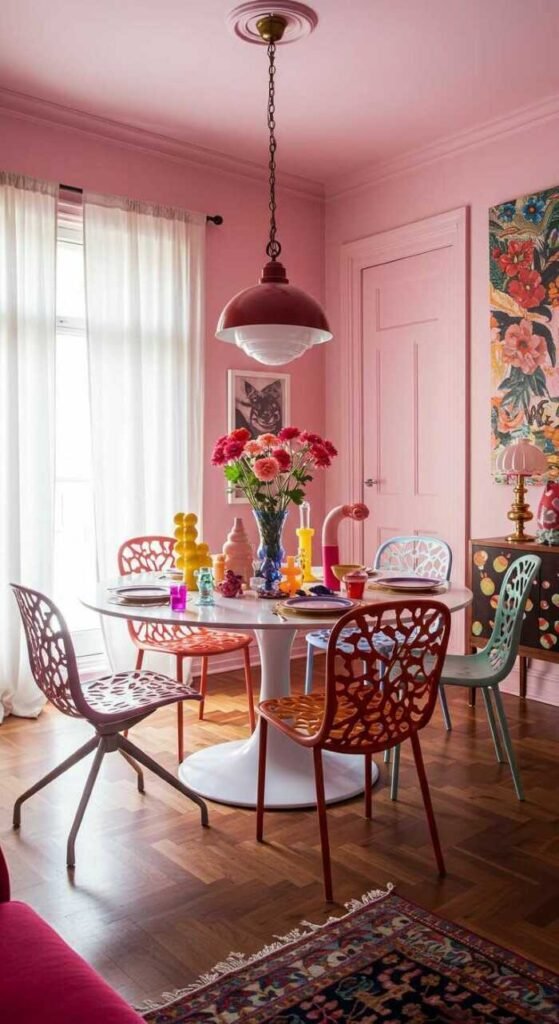 A modern dining room with pink walls, colorful chairs, and a round table, filled with plants and playful decor.
