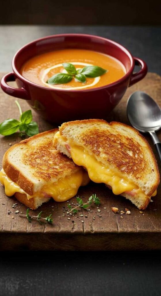 A delicious grilled cheese sandwich served with a warm bowl of tomato soup.