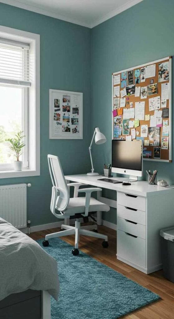 A cozy bedroom office setup featuring a bulletin board filled with notes and a computer desk.