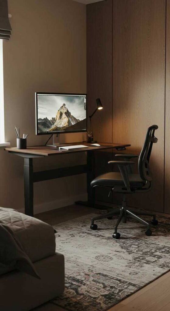 A modern workspace featuring a standing desk, stylish chair, computer, and plants in a cozy bedroom setting.