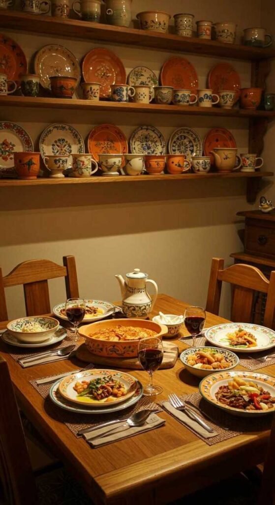A cozy dining room featuring a table set with various dishes and a shelf filled with unique plates and glassware.