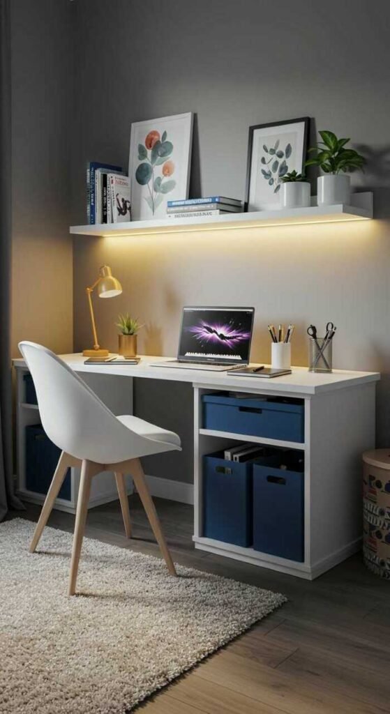 A modern bedroom office setup featuring a desk with floating shelves above, organized storage baskets.