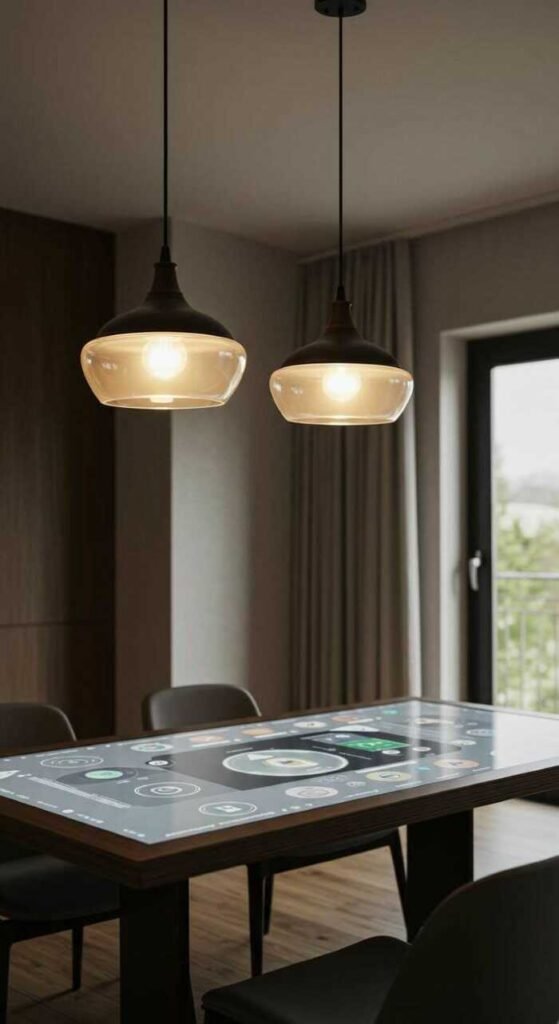 Modern dining room with a digital table and stylish pendant lights