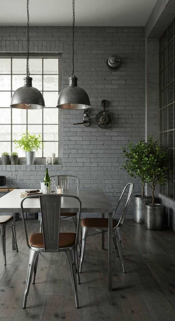 A stylish industrial chic dining room featuring brick walls, metal accents, and wooden furniture