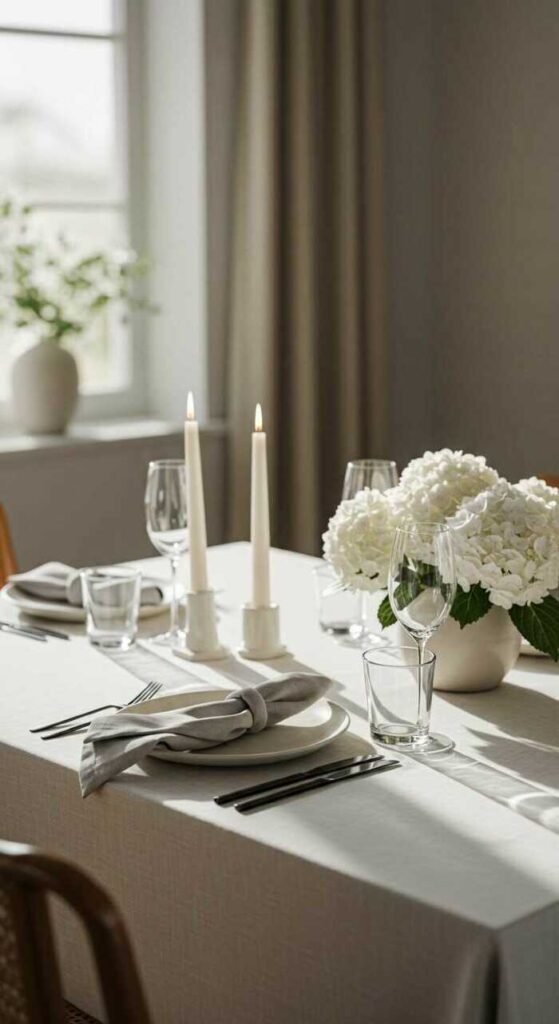 A beautifully arranged dining table with a neutral color palette, stylish tableware, and greenery in an airy setting.