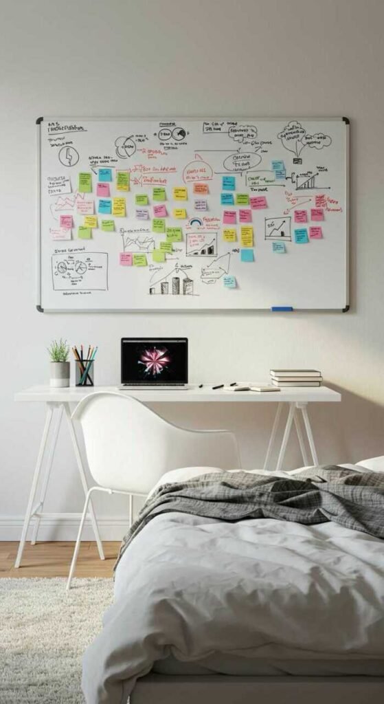 A whiteboard mounted on the wall above a minimalist desk, filled with notes and ideas, with a cozy bedding setup in the foreground.