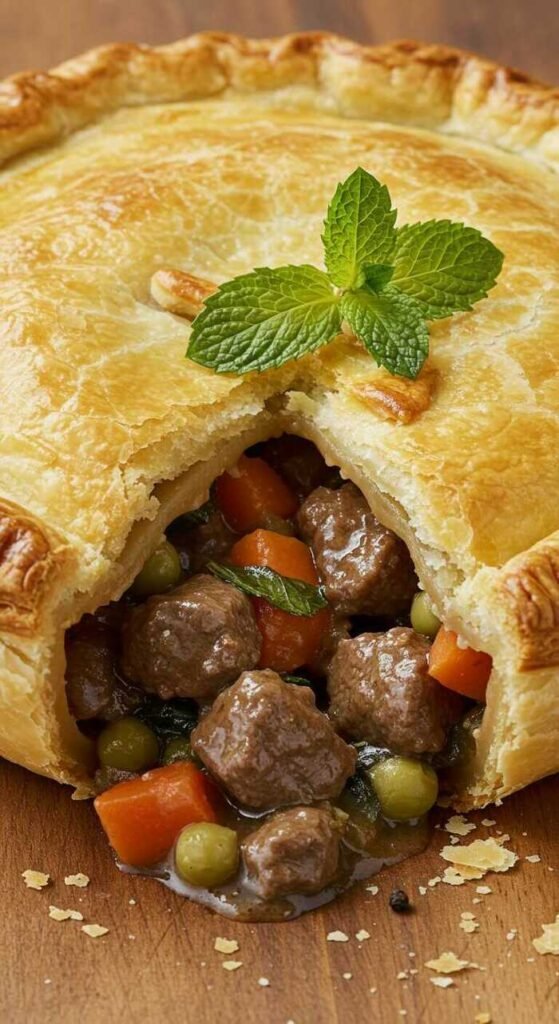 A hearty Lamb and Mint Pot Pie with a golden flaky crust and fresh mint garnish.