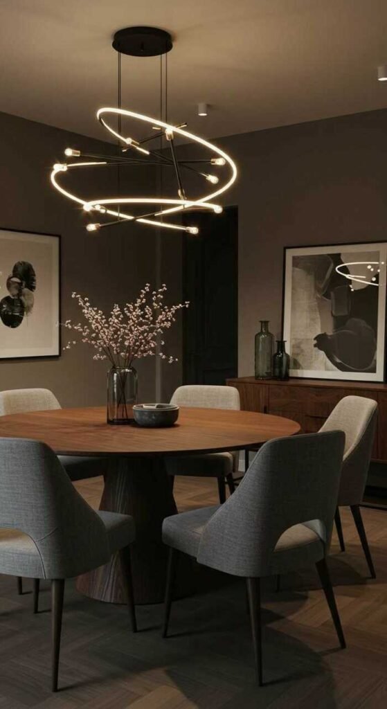 A modern dining room featuring layered lighting, a round wooden dining table, and upholstered chairs.
