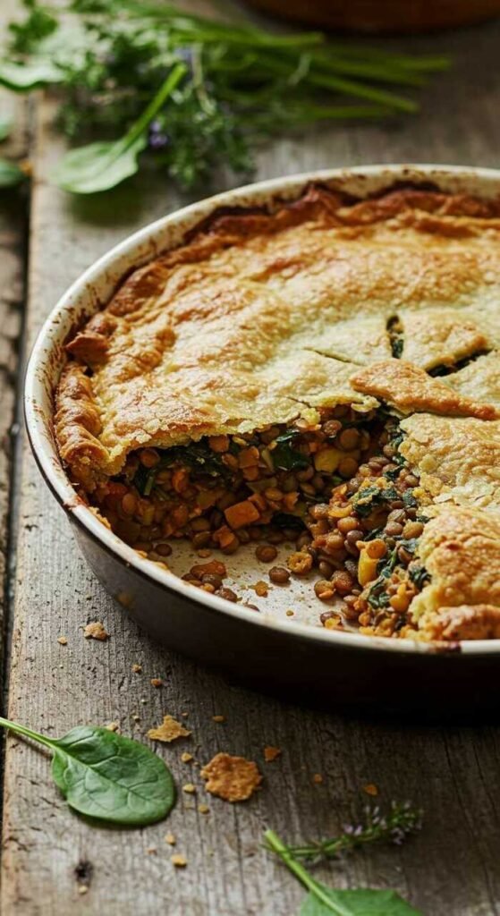 Hearty lentil and spinach pot pie with a golden crust.
