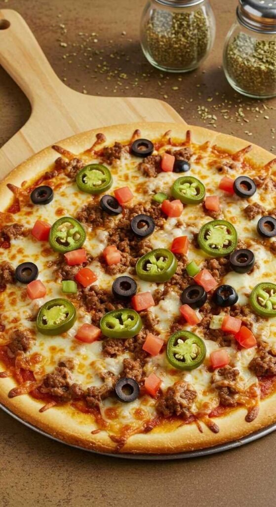 Delicious Loaded Nacho Pizza with jalapeños and toppings.