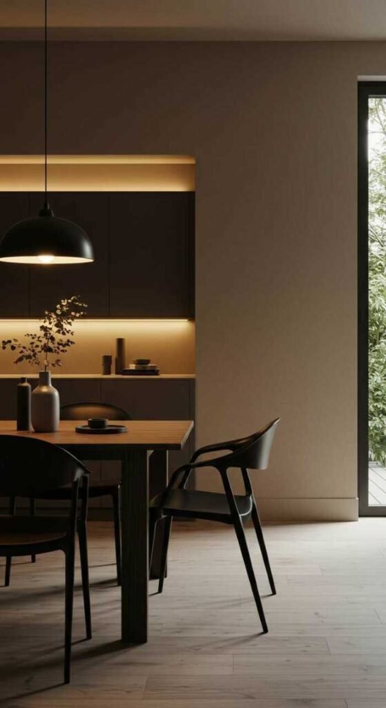 A stylish and multi-functional dining area with a wooden table, minimalist chairs, and plants.