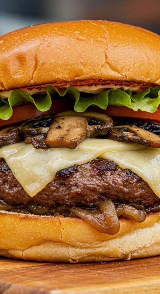 A delicious mushroom and Swiss burger with grilled mushrooms and cheese