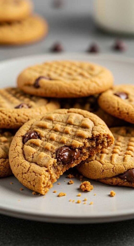 Peanut butter chocolate chip cookies stacked with chocolate chips scattered around