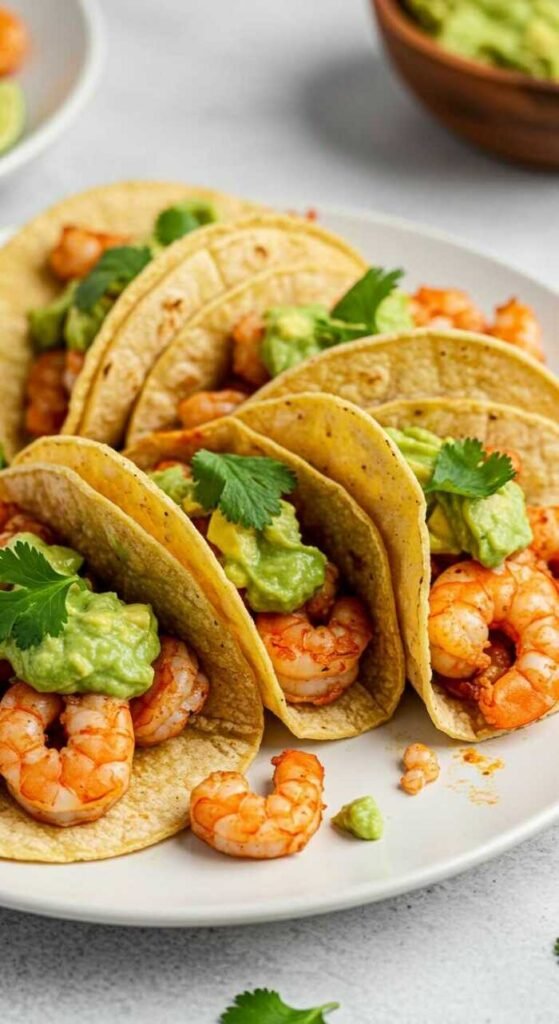 Quick shrimp tacos topped with avocado salsa and cilantro on corn tortillas