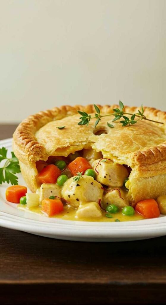 A delicious saffron chicken pot pie served with herbs.