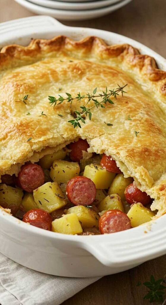 A delicious sausage and potato pot pie served in a white dish, featuring a golden crust and savory filling.