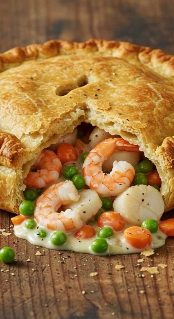 A delicious seafood pot pie filled with shrimp, scallops, and cream, topped with a golden pastry crust.