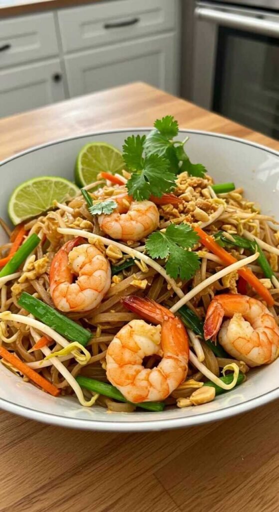 A delicious bowl of shrimp pad thai with fresh herbs and lime