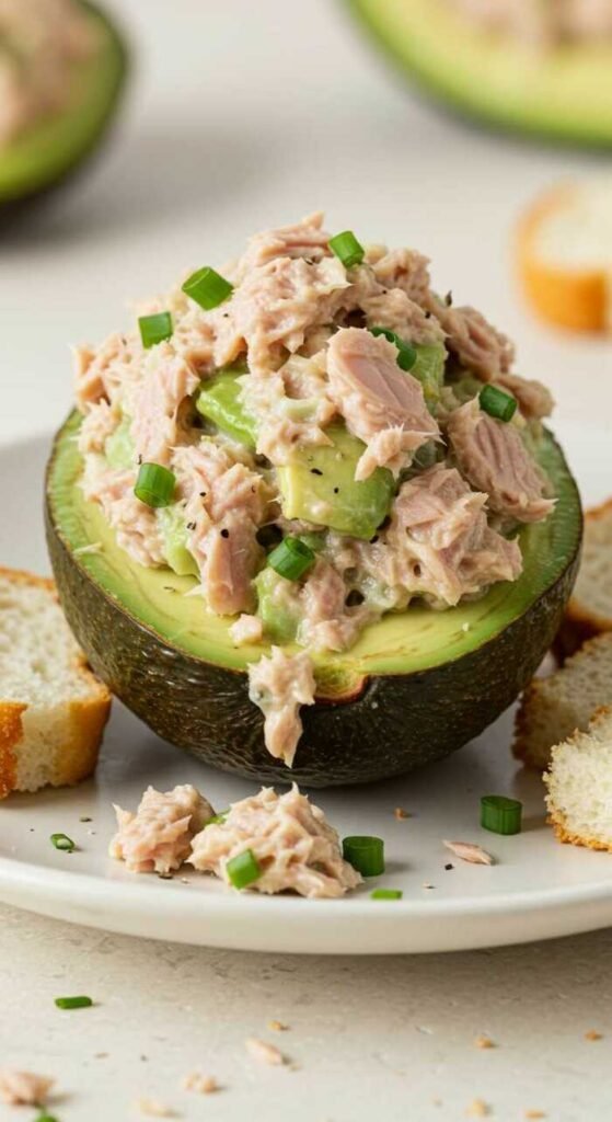 Tuna salad stuffed in avocado halves, garnished with fresh herbs.