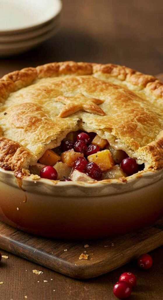 A golden-crusted turkey and cranberry pot pie ready to be served