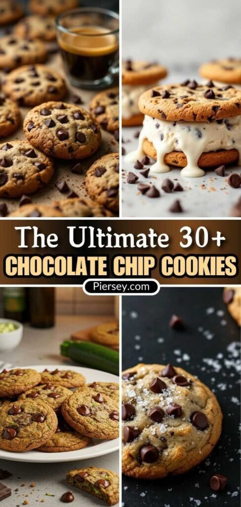 Collage of various chocolate chip cookies: espresso with cookies, ice cream sandwich, plate of cookies, and a salted cookie. Text: "The Ultimate 30+ Chocolate Chip Cookies."