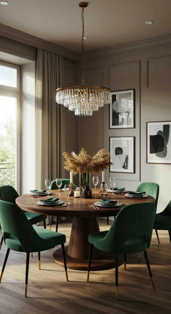 A modern dining room with a round wooden table and stylish upholstered chairs, featuring elegant decor.