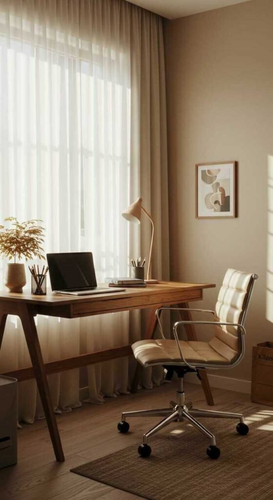 A stylish office corner with a desk, chair, and soft curtains allowing natural light to filter in.