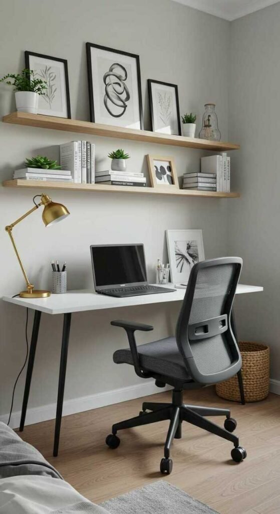 A modern bedroom office setup with a desk, chair, and wall-mounted shelves, featuring decorative items.