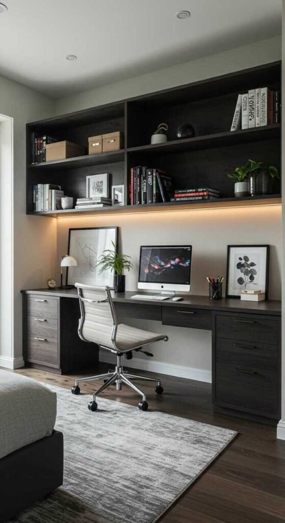 A well-organized bedroom office with floating shelves, and a stylish desk.