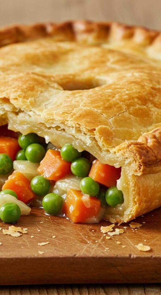 A delicious vegetable pot pie with a golden flaky crust and a colorful filling of fresh vegetables.