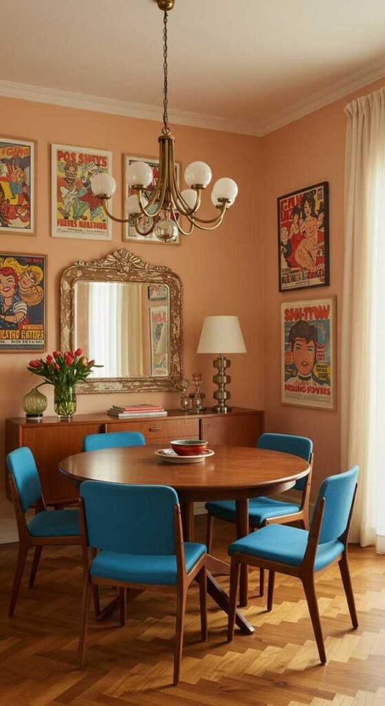 A stylish vintage dining room with a round wooden table, mid-century chairs, and colorful wall art.