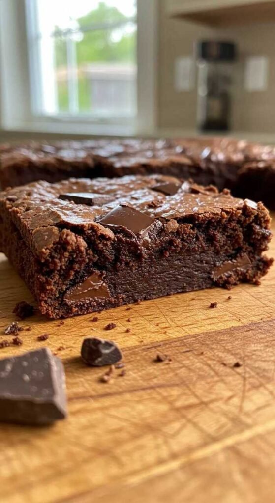 delicious zucchini brownies topped with chocolate chunks.