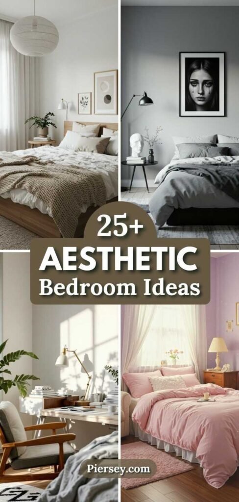 Four stylish bedroom designs are shown. Top-left: minimal with earth tones; top-right: monochrome with a portrait; bottom-left: sunny workspace; bottom-right: cozy with pink bedding. Text reads “25+ Aesthetic Bedroom Ideas.”