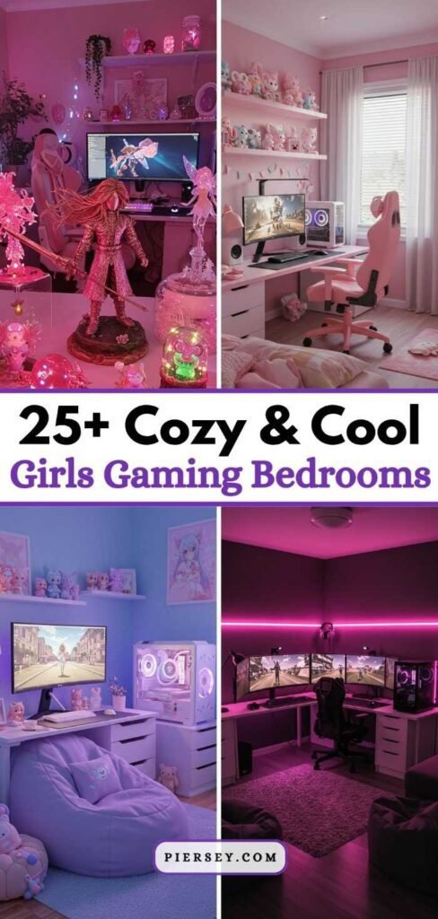 Split image featuring cozy gaming rooms: Top left with pink decor and a figure statue, top right with plush toys, bottom left with blue tones and a bean bag, and bottom right in dark pink lighting with multiple monitors. Text overlay: "25+ Cozy & Cool Girls Gaming Bedrooms."