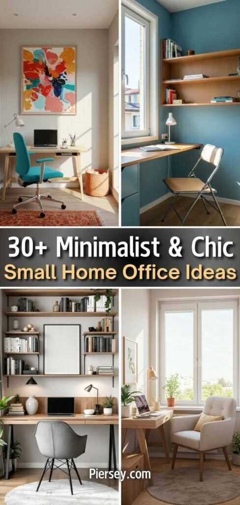 Collage of four minimalist home office setups with bright natural light. Features include stylish chairs, elegant desks, plants, and wall art. Text overlay reads: "30+ Minimalist & Chic Small Home Office Ideas."