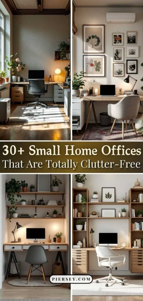 Collage of four small, stylish home offices, each with desks, chairs, plants, and wall decor. Text overlay: "30+ Small Home Offices That Are Totally Clutter-Free."