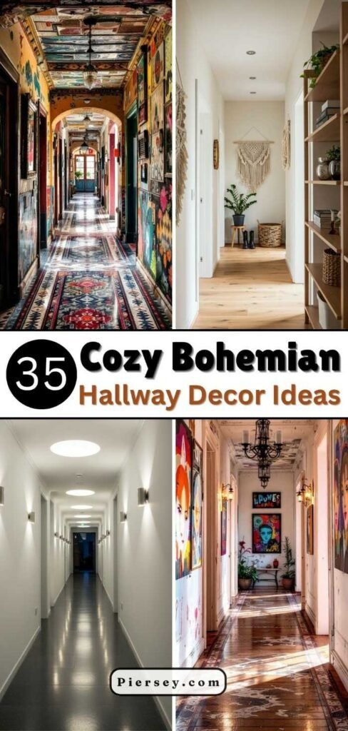 Collage of hallway designs: colorful bohemian, minimalist with plants, modern white, and eclectic with art; text reads "35 Cozy Bohemian Hallway Decor Ideas."