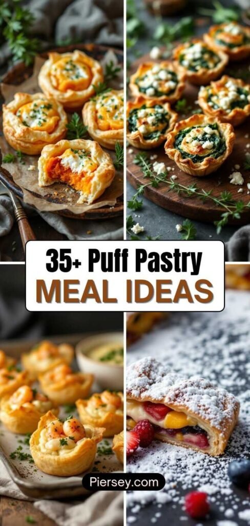 Collage of appetizing puff pastry dishes, including veggie tarts and fruit-filled pastries, with "35+ Puff Pastry Meal Ideas" text overlay. Cozy and inviting.