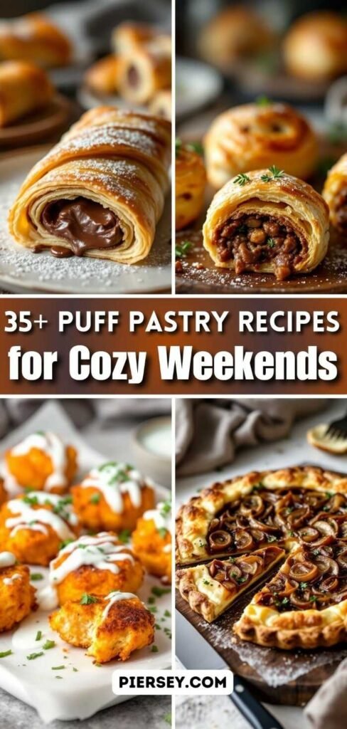 Four images of appetizing puff pastry dishes: a chocolate-filled roll, a savory roll with herbs, cheesy bites, and a mushroom tart. Text reads "35+ Puff Pastry Recipes for Cozy Weekends."