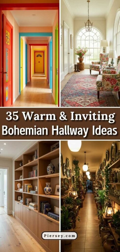 Collage of four bohemian hallway designs. Bright colored doors, floral chairs by a window, a bookshelf-lined hall, and a plant-filled corridor with warm lighting.