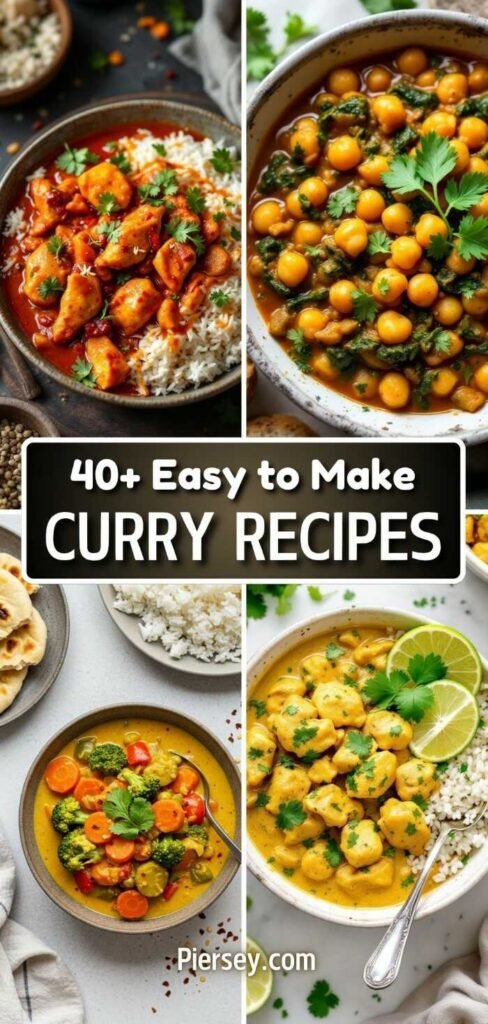 Four colorful bowls of curry, including chicken, chickpea, vegetable, and tofu. "40+ Easy to Make Curry Recipes" text overlay. Cozy and inviting.