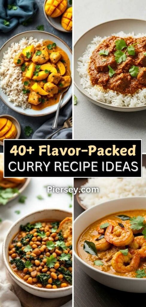 A collage of four curry dishes, each vibrant and garnished. The text reads "40+ Flavor-Packed Curry Recipe Ideas." Plates feature varied ingredients like shrimp, mango, chickpeas, and beef curry, paired with rice.