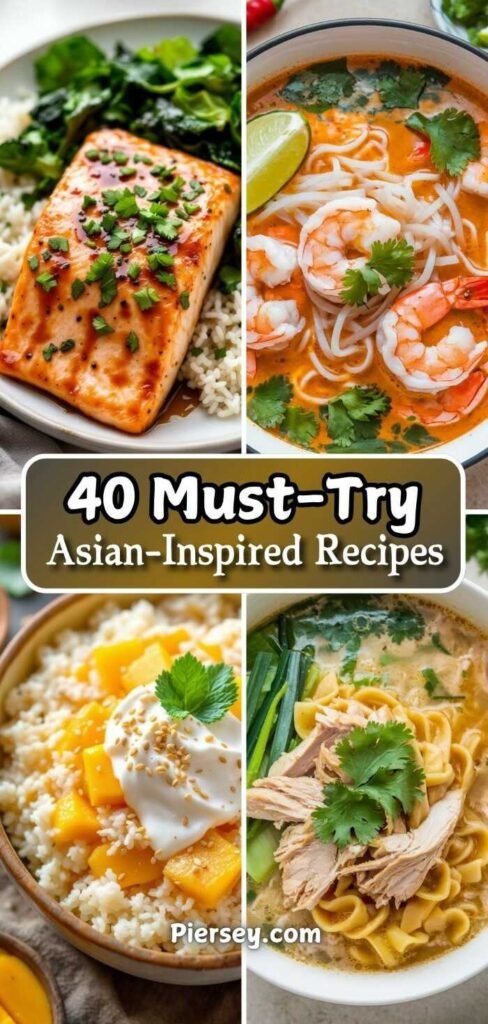 Collage of four Asian-inspired dishes: glazed fish, shrimp noodle soup, mango sticky rice, and chicken noodle soup, labeled "40 Must-Try Asian-Inspired Recipes."