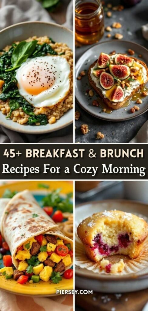 Collage of breakfast dishes: a fried egg with spinach on grains, fig-topped toast, a colorful breakfast burrito, and a berry muffin. Text reads "45+ Breakfast & Brunch Recipes For a Cozy Morning."