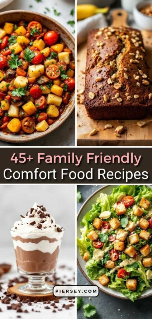 Collage of comfort food: colorful veggie stew, nutty bread loaf, layered chocolate mousse, and vibrant salad with croutons. Text: "45+ Family Friendly Comfort Food Recipes."